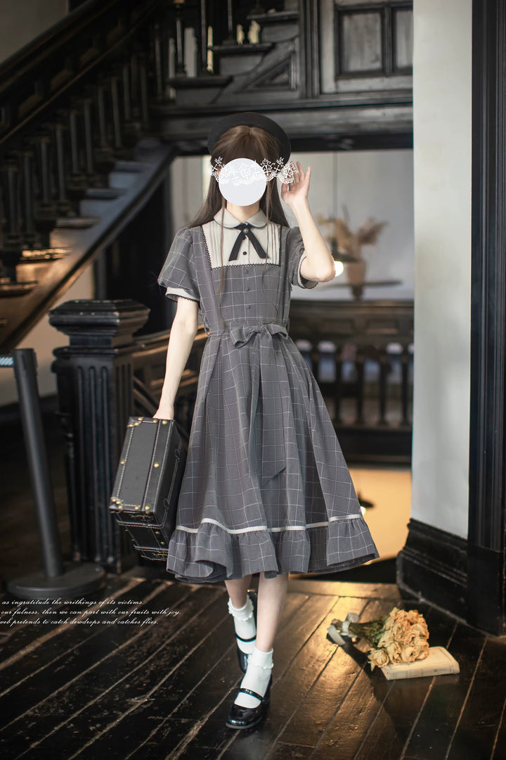 Elegant Grey Plaid Dress, Scalloped Trim & Puff Sleeves (L M S XL) 45750:863121