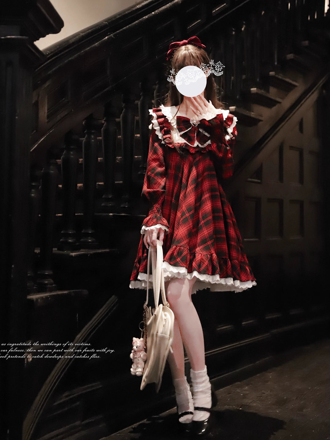 Doll-like Plaid Dress, A Line Design Dress + Collar Bow / L