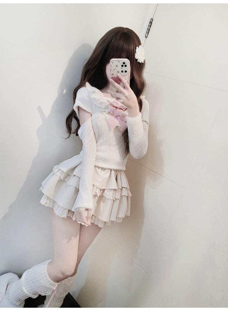 Sweet Kawaii White Sweater Cake Skirt Set 41556:703716