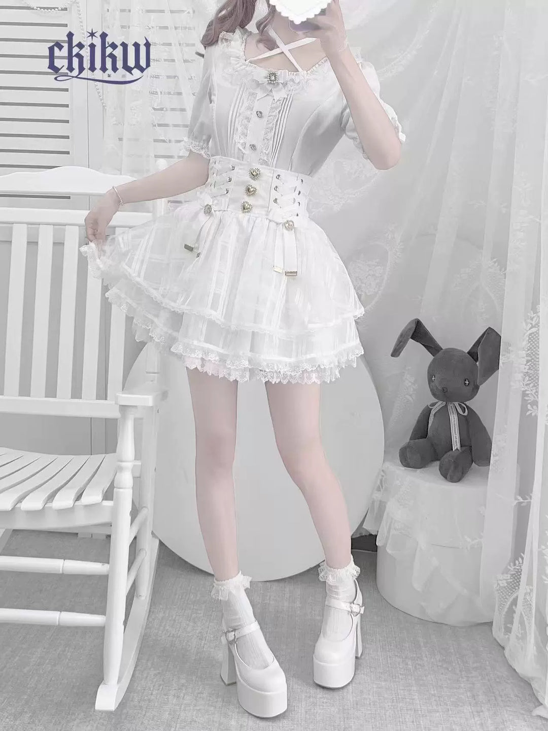 Lace Square Neck Jirai Kei Blouse, Detachable Rhinestone Bow 43611:780667