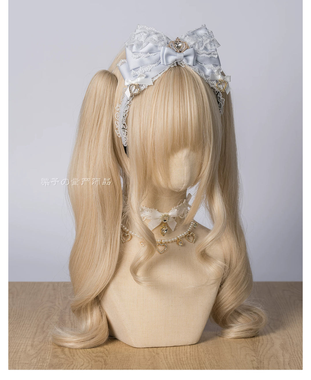 Jirai Kei Layered Bow Lace Headband, Crown & Heart Rhinestone 45960:870849