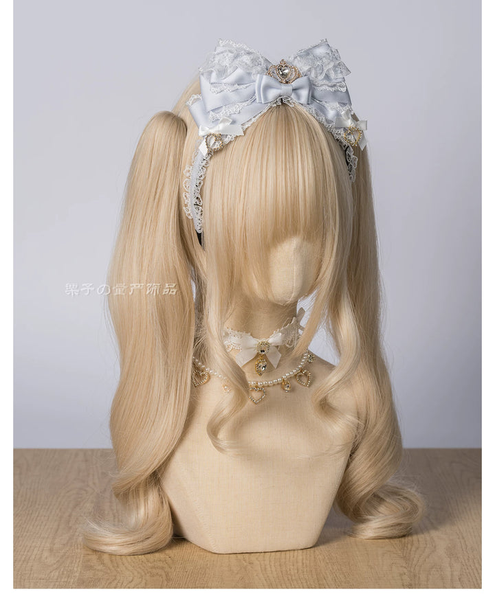 Jirai Kei Layered Bow Lace Headband, Crown & Heart Rhinestone 45960:870849