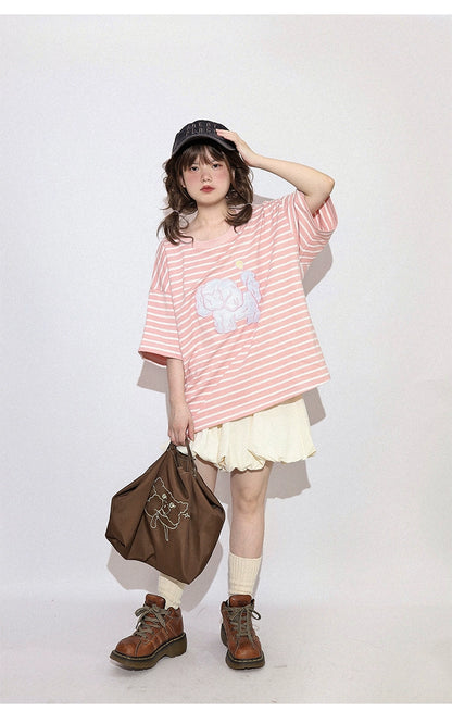 Kawaii Aesthetic Shirt Striped Short Sleeve Cotton Top 36562:518572