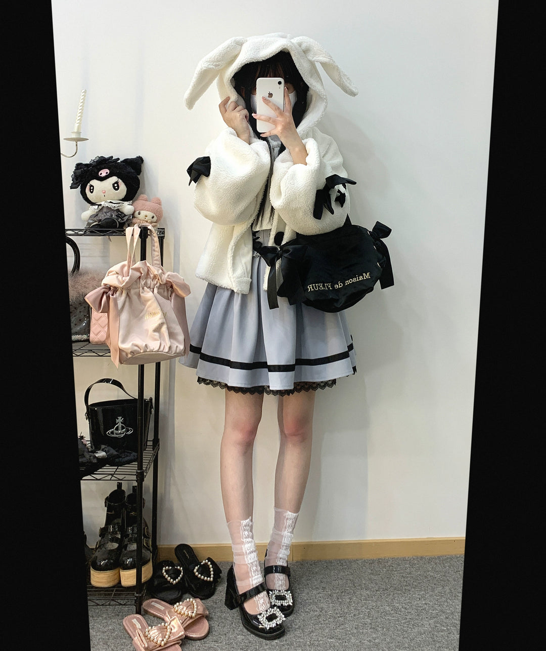 Jirai Kei Winter Coat White Black Plush Jacket With Rabbit Ear 31854:372656 31854:372656