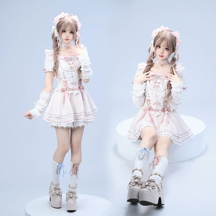 Jirai Kei Cotton Shirt, High-Waisted Suspender Skirt 45267:845223