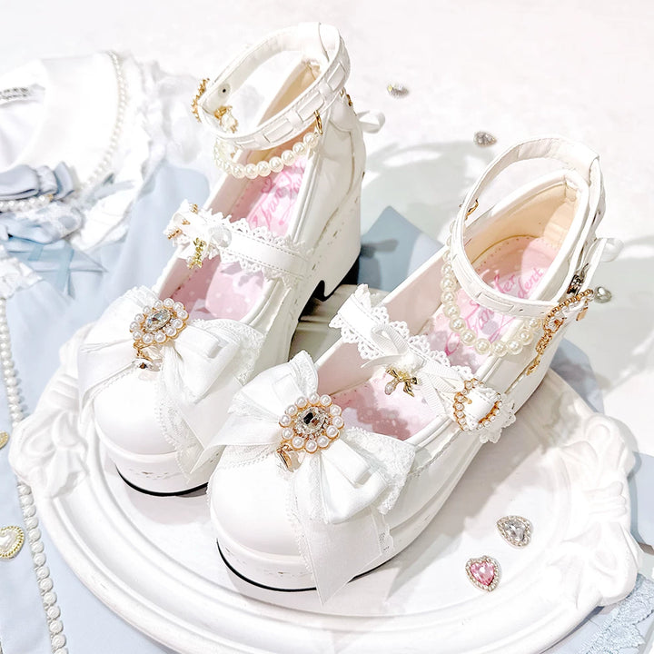 Jirai Kei Platform Shoes, Detachable Pearl-Like Chain (White / 35 36 37 38 39 40 41) 44929:828523
