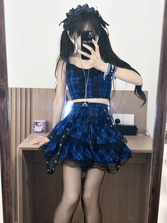 Spicy Girl Dark Punk Skirt Plaid A-Line Lace Slim Blue Set 29446:349186