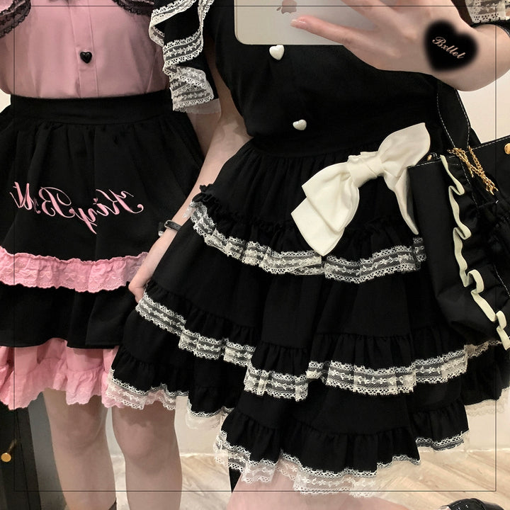 Jirai Kei Black And Pink Tiered Lace Skirt 21798:318534 21798:318534