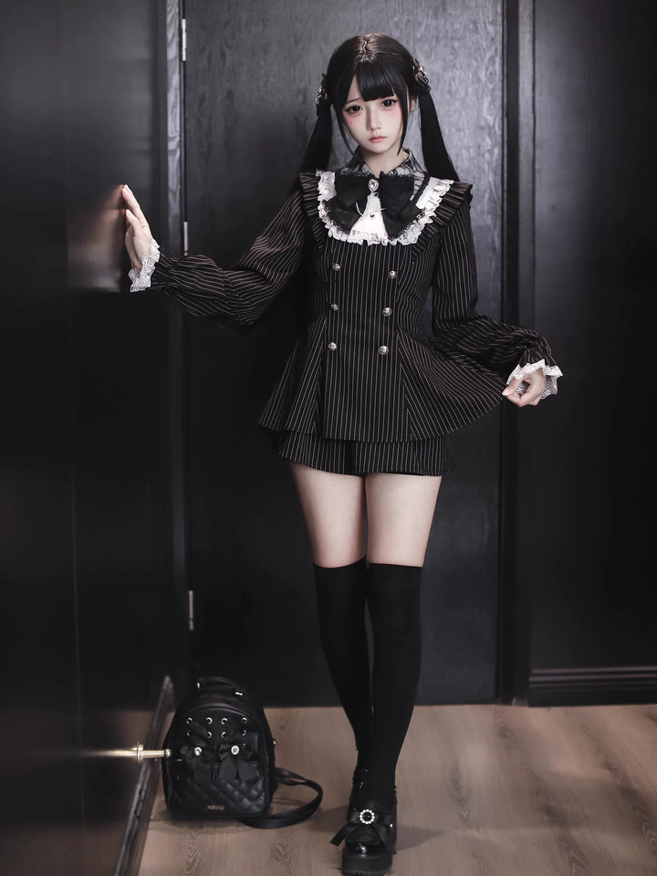 Black Striped Jirai Kei Set Up, Waist-cinching Dress 44921:828319