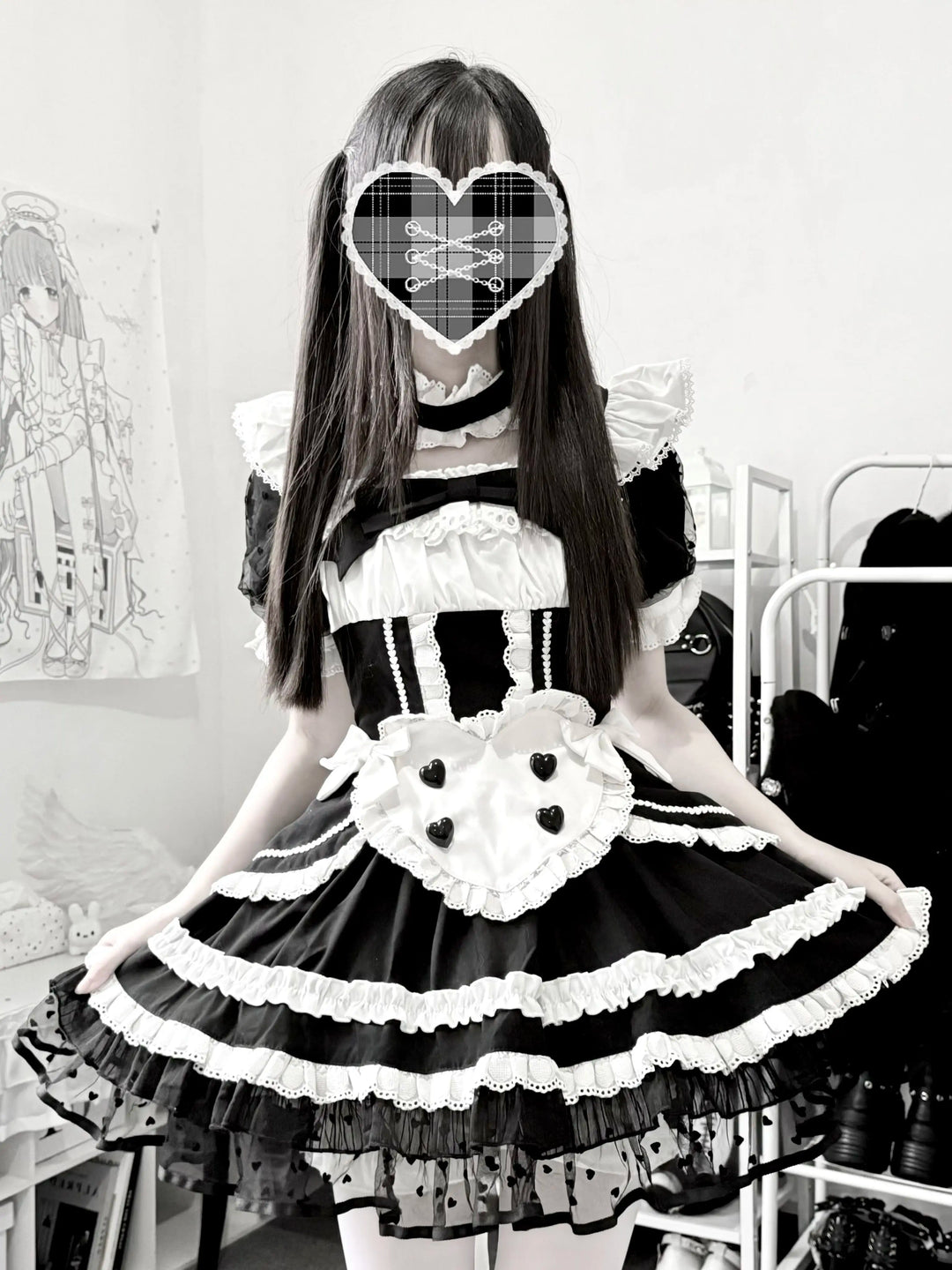 Black and White Maid Lolita Dress, Detachable Apron 46065:874555
