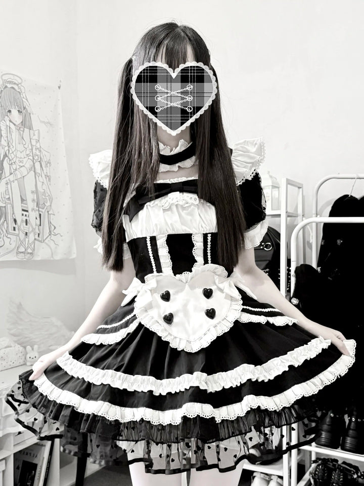 Black and White Maid Lolita Dress, Detachable Apron 46065:874555