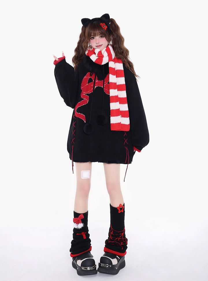 Yami Kawaii Sweater Bow Black Red Hoodie Detachable Collar 39556:639634