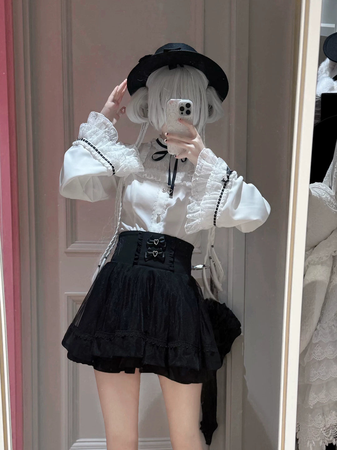 Jirai Kei Flared Sleeve Blouse, Double-Layered Skirt 45260:842934