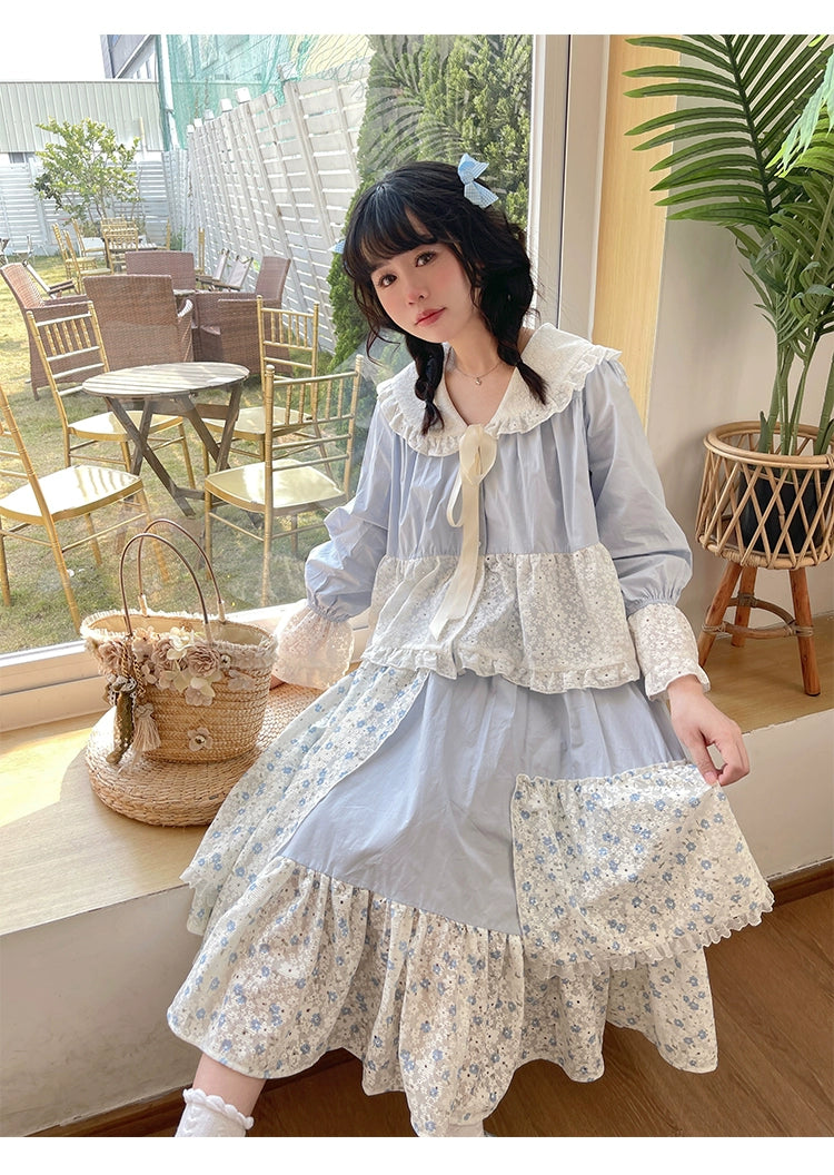 Mori Kei Shirt Sailor Collar Long Sleeve Floral Blouse 36560:518332