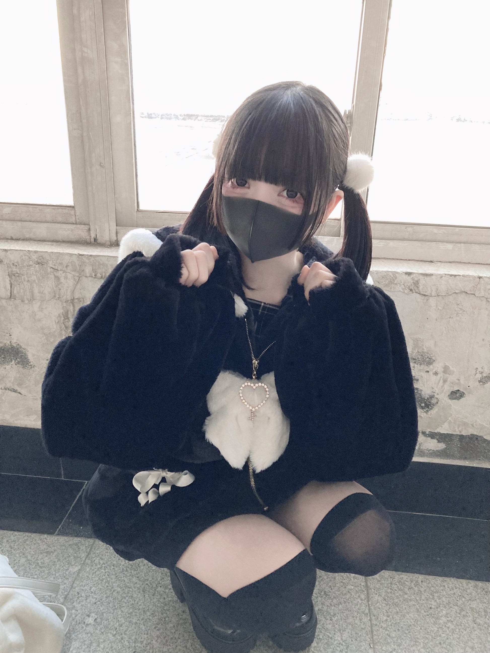 Black Jirai Kei Coat Ryousangata Imitation Rabbit Fur Coat 33304:446232