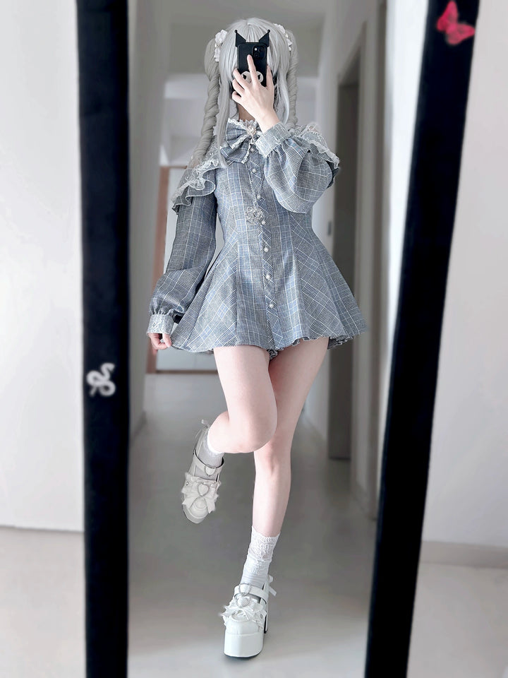 Jirai Kei Dress Set Gray Plaid Long-sleeved Dress And Shorts 41568:704948