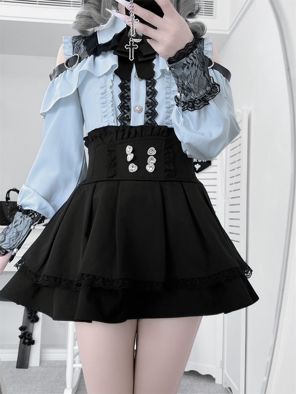 Lace-trimmed Jirai Kei Blouse, Multiple Colors (2XL L M S XL) 43878:788274