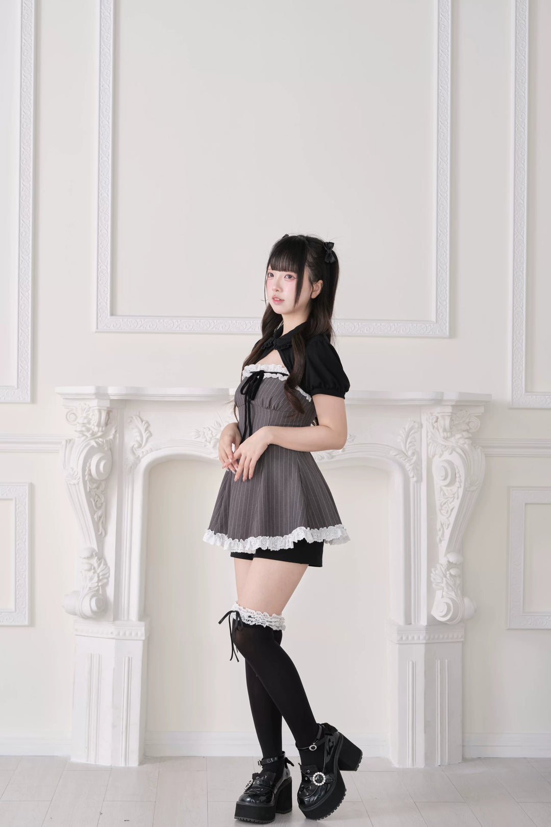 Jirai Kei Striped Dress Set, Puff Sleeve Bolero 44942:829812