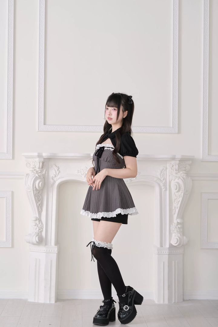 Jirai Kei Striped Dress Set, Puff Sleeve Bolero 44942:829812