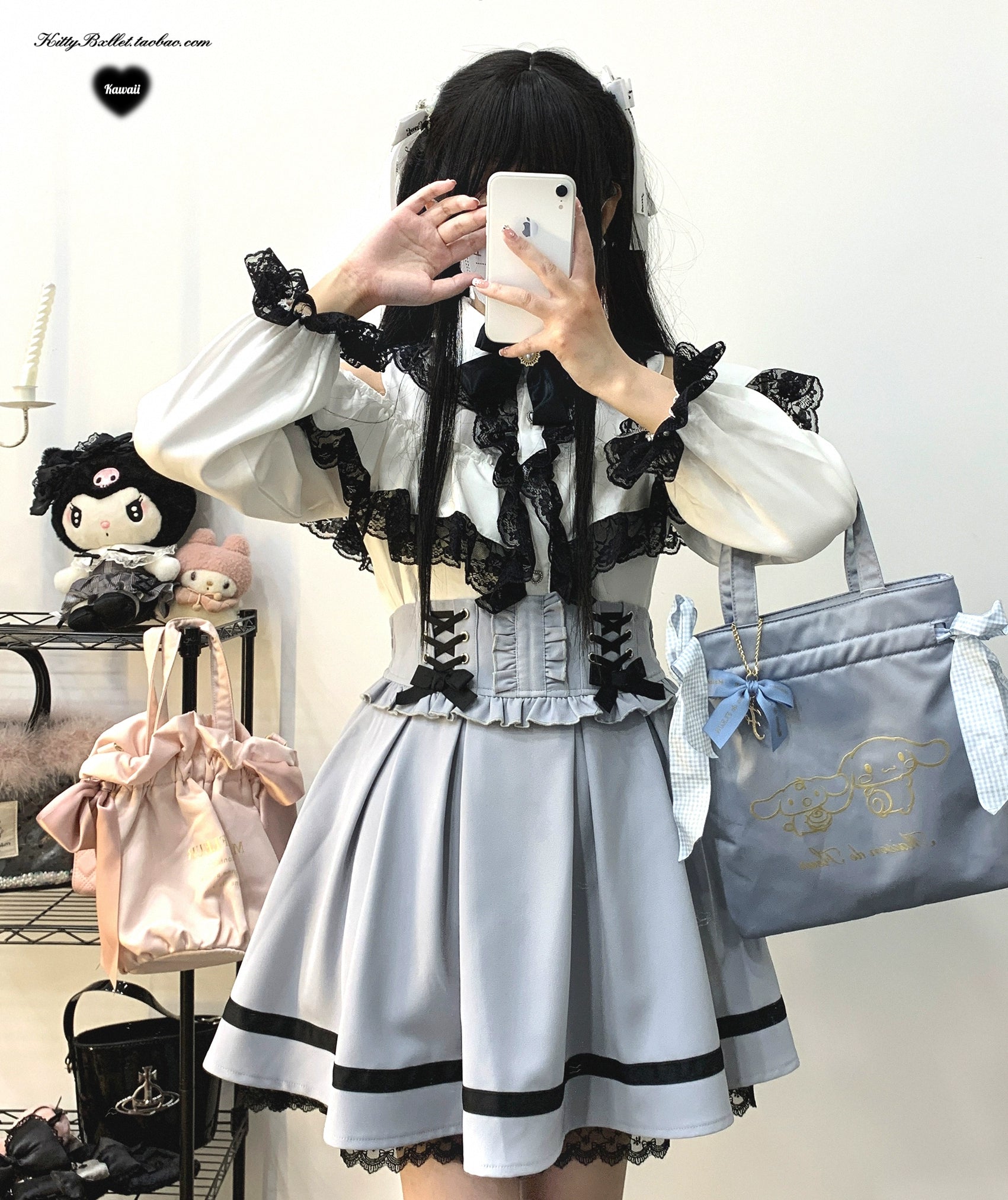 Jirai Kei Skirt High Waist Lace Up Skirt With Bow Tie 31860:396668