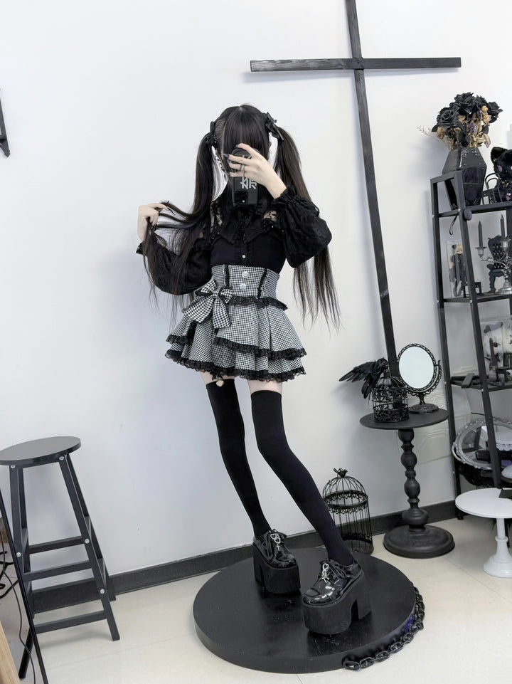 Lace Trimed Jirai Kei Skirt, Detachable Waist Bow 43512:778908