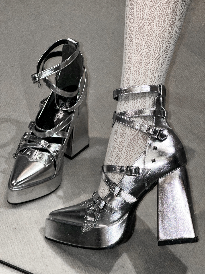 Punk Subculture Heels Shoes, Pointed Toe 44928:828638