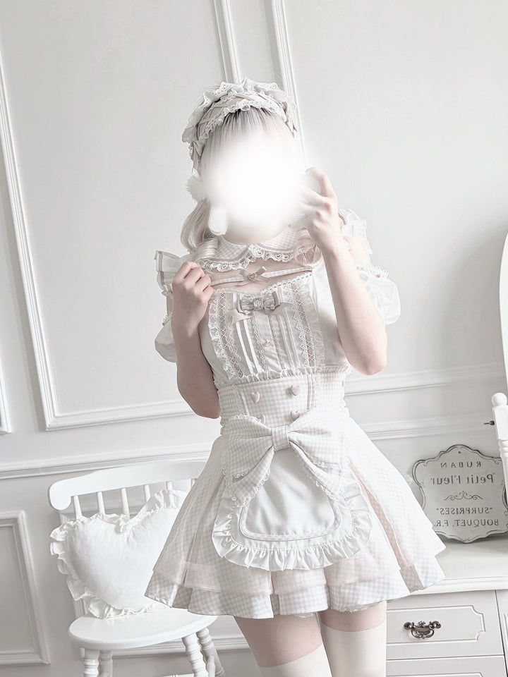 Jirai Kei Gingham Maid Blouse and Skirt Set, Detachable Apron 45659:858678