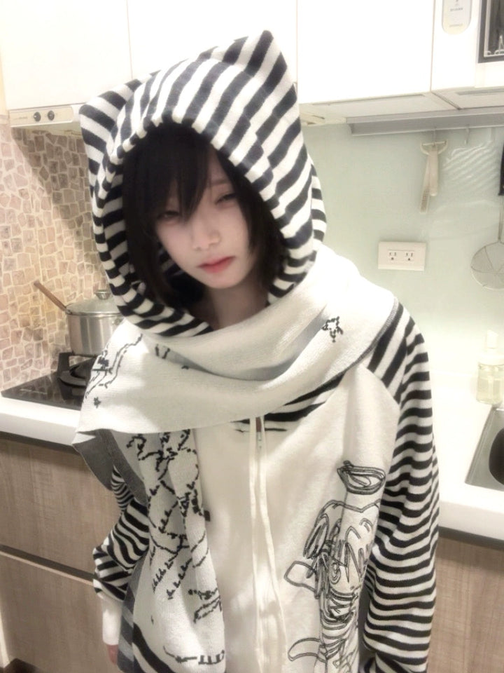 Yami Kawaii Coat Black White Striped Sweater Cat Ear Hoodie 40028:648910