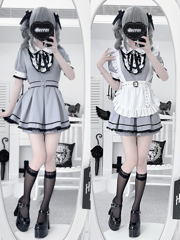 Maid Style Jirai Kei Dress Set, Pocketed Shorts + Apron 43439:778405