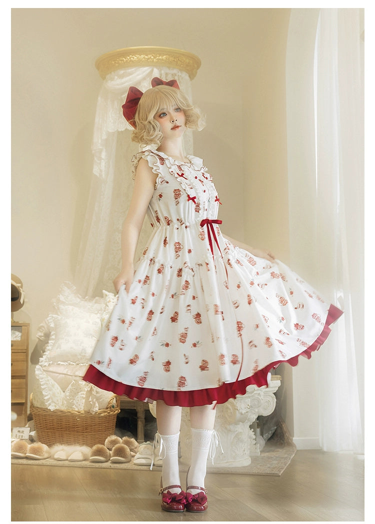 Classic Lolita Dress With Short Sleeve And Floral Tea Pot Print Multicolor 37134:552480