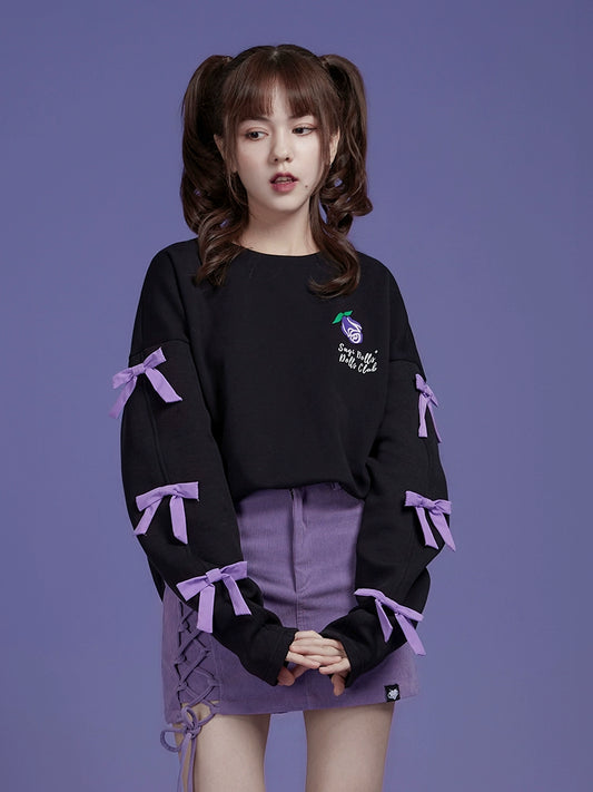 Jirai Kei Sweatshirt Purple Black Bow Rose Pullover Sweatshirt 32452:422558