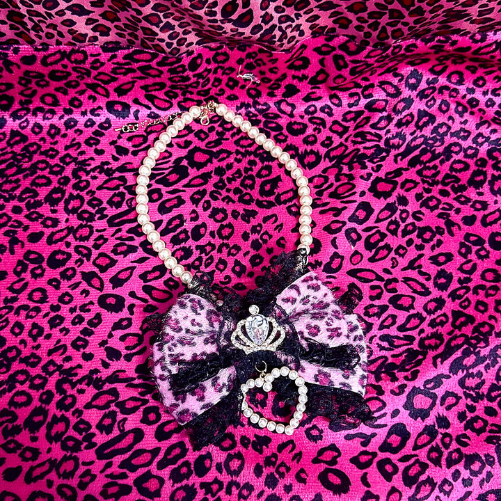 Gyaru Leopard Pearl Necklace, Crown and Heart Rhinestone 45563:852835