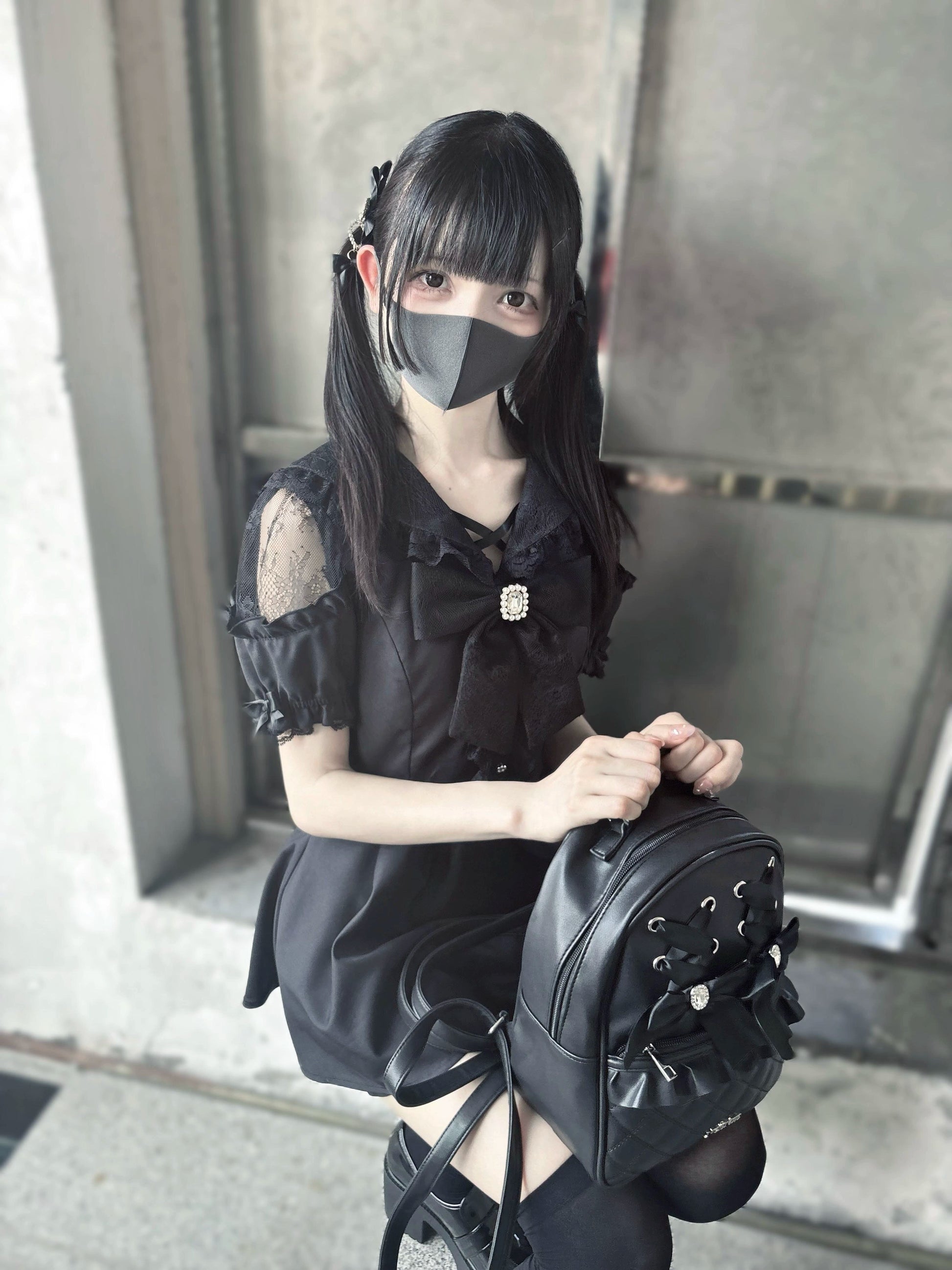 Jirai Kei Dress Set Black Short Sleeve Dress And Shorts 37848:571570
