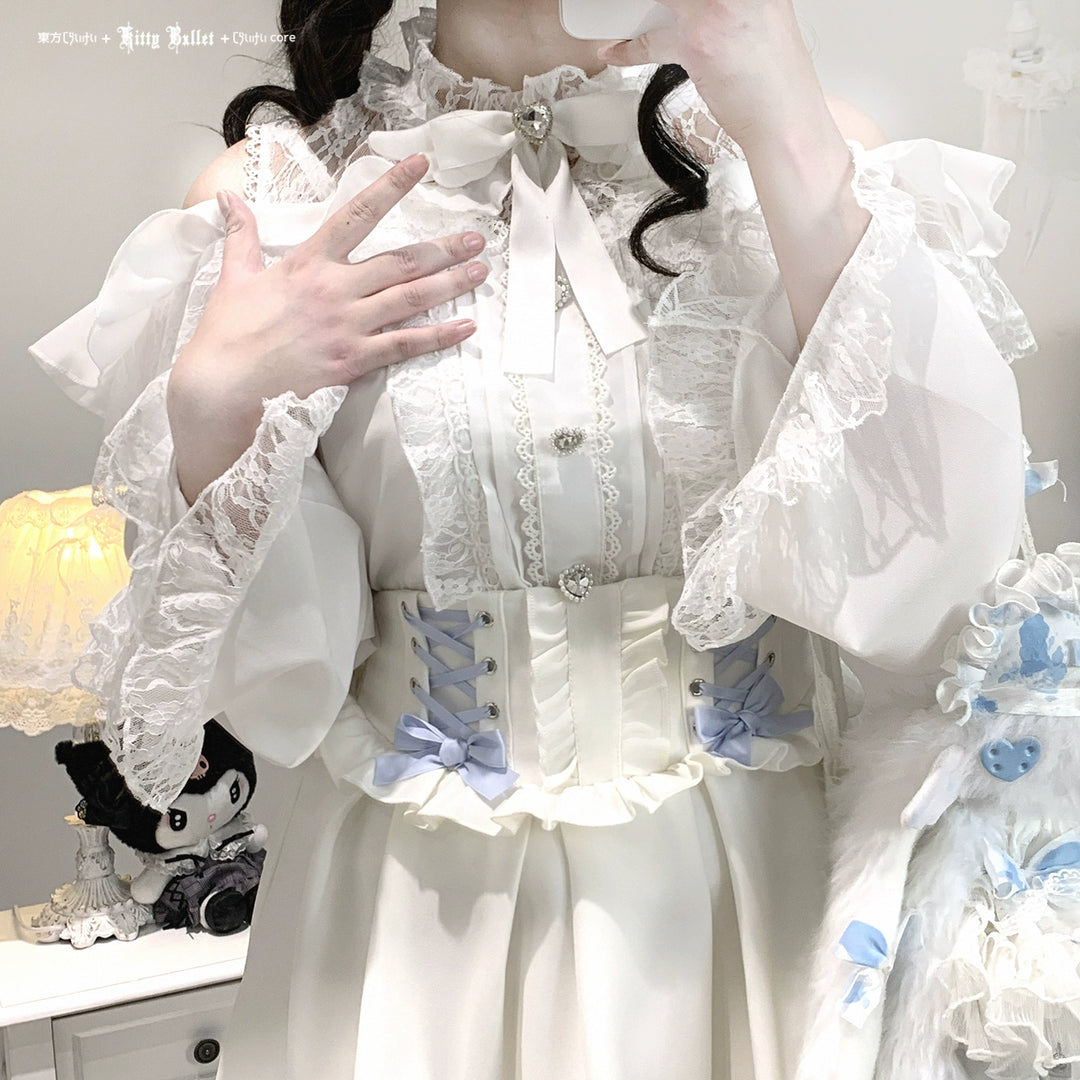 Lace Open-Shoulder Jirai Kei Blouse, Long Sleeves 44004:793108