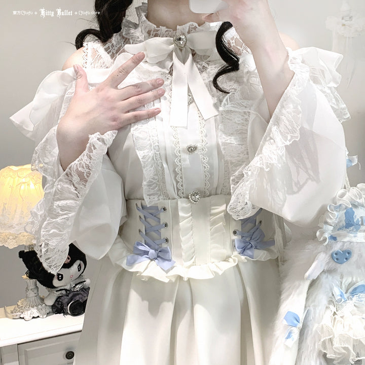 Lace Open-Shoulder Jirai Kei Blouse, Long Sleeves 44004:793108