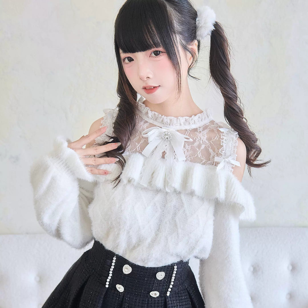 Jirai Kei Sweater Lace Frill Collar Knit Sweater With Bow 41680:710140