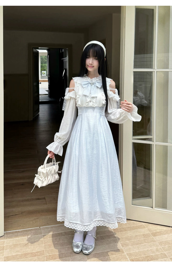 Seiso Kei Open Shoulder Dress, Blue & White Color Spliced 45752:861383