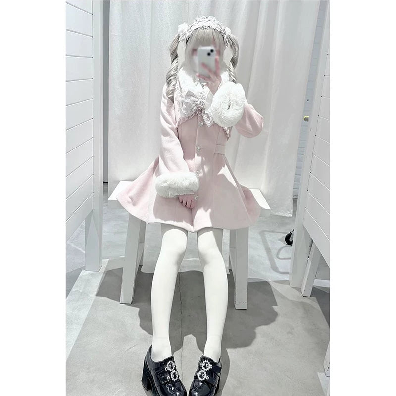 Ryousangata Winter Pink Coat, Removable Faux Fur Trim 44585:816023