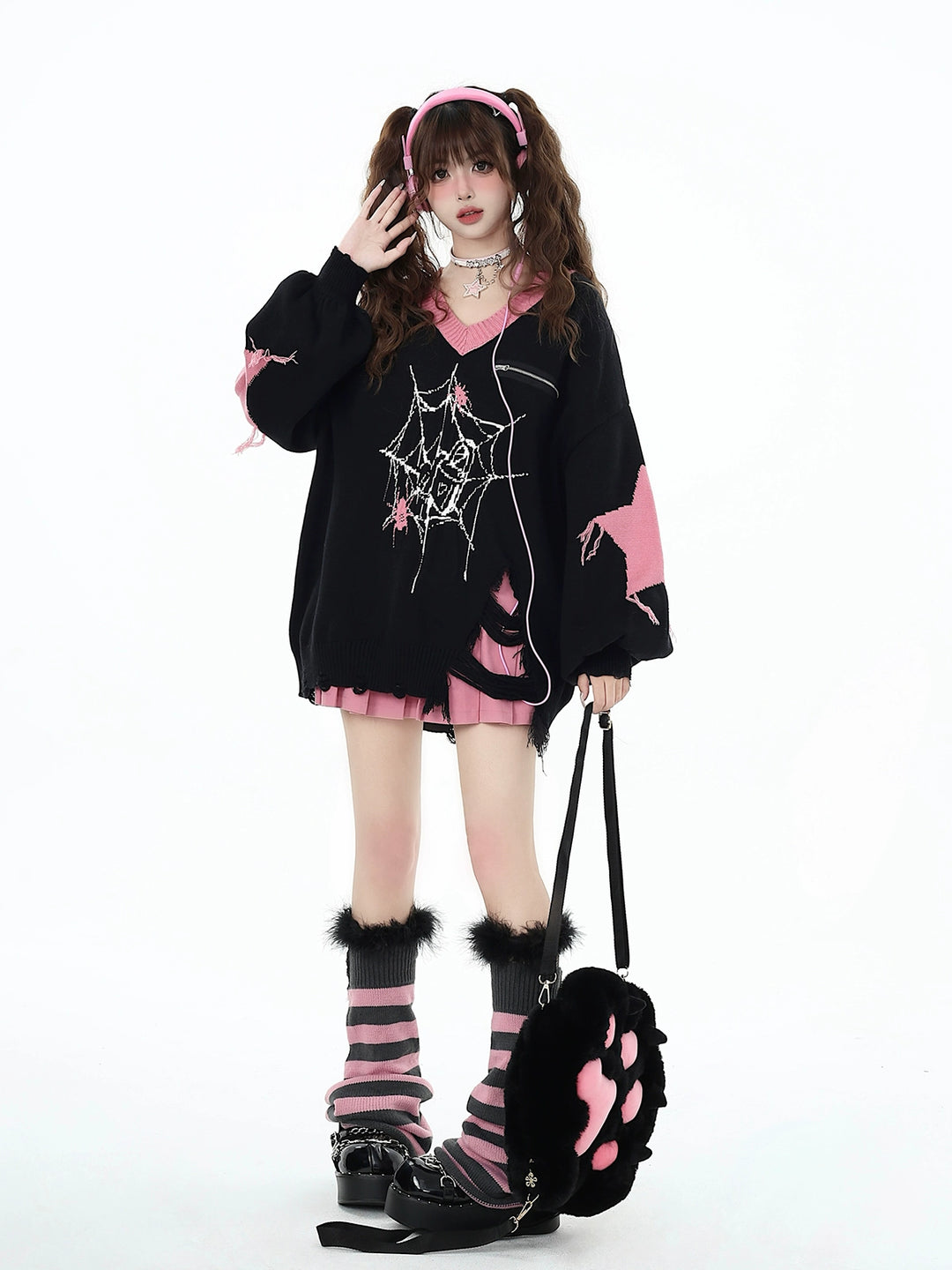 Black Pink Sweater Star Knit V-neck Pullover Sweater 32462:423430