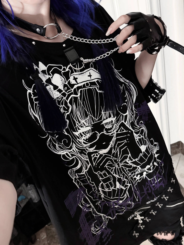 Gothic Cotton Graphic Printed T-Shirt, Detachable Choker 46061:874354