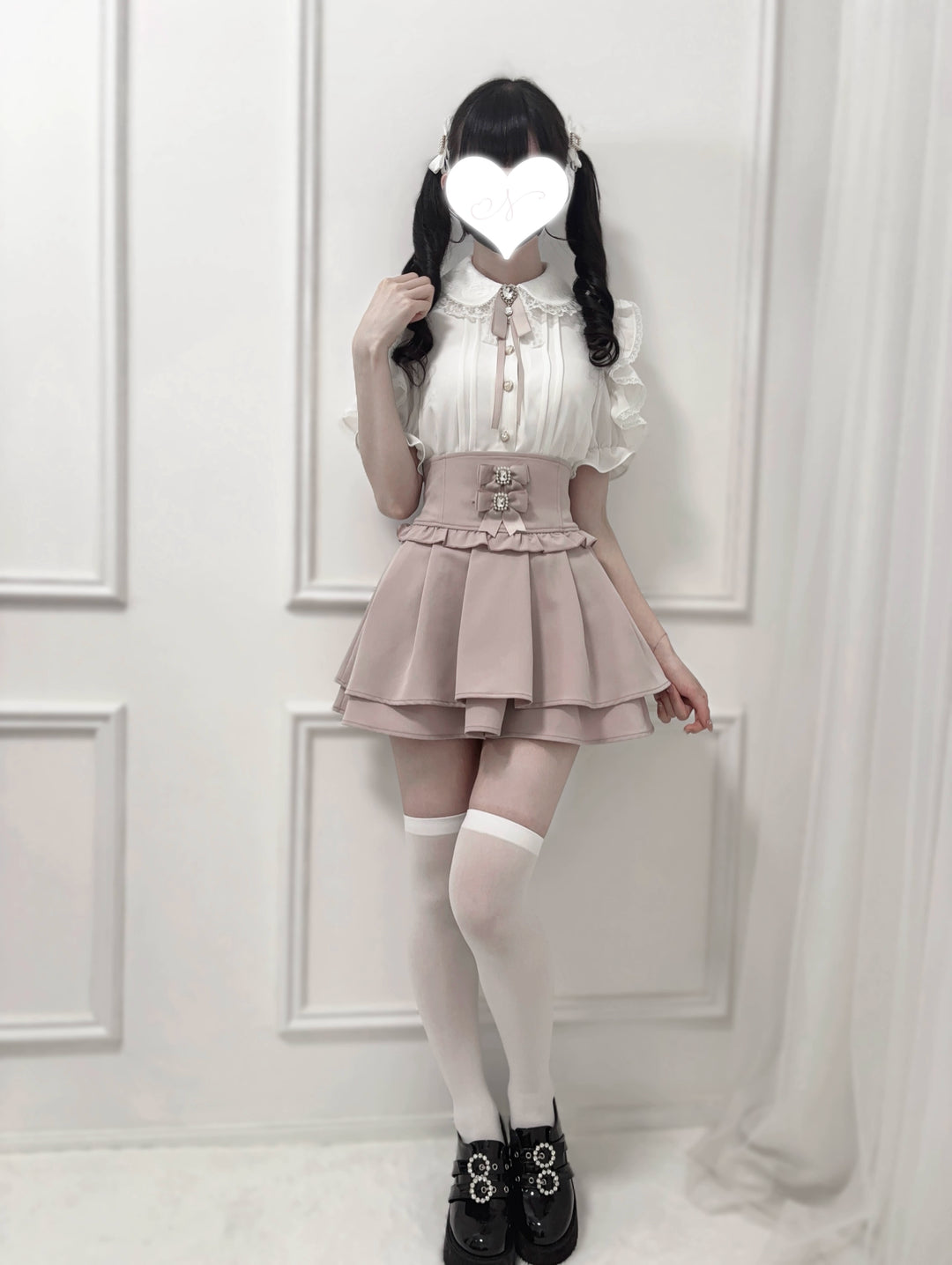 Ruffle Lace Ryousangata Blouse with Pearl Buttons And Ribbon 43103:765847