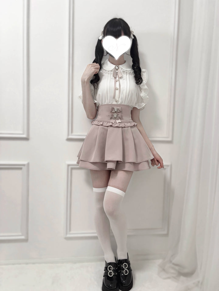 Ruffle Lace Ryousangata Blouse with Pearl Buttons And Ribbon 43103:765847