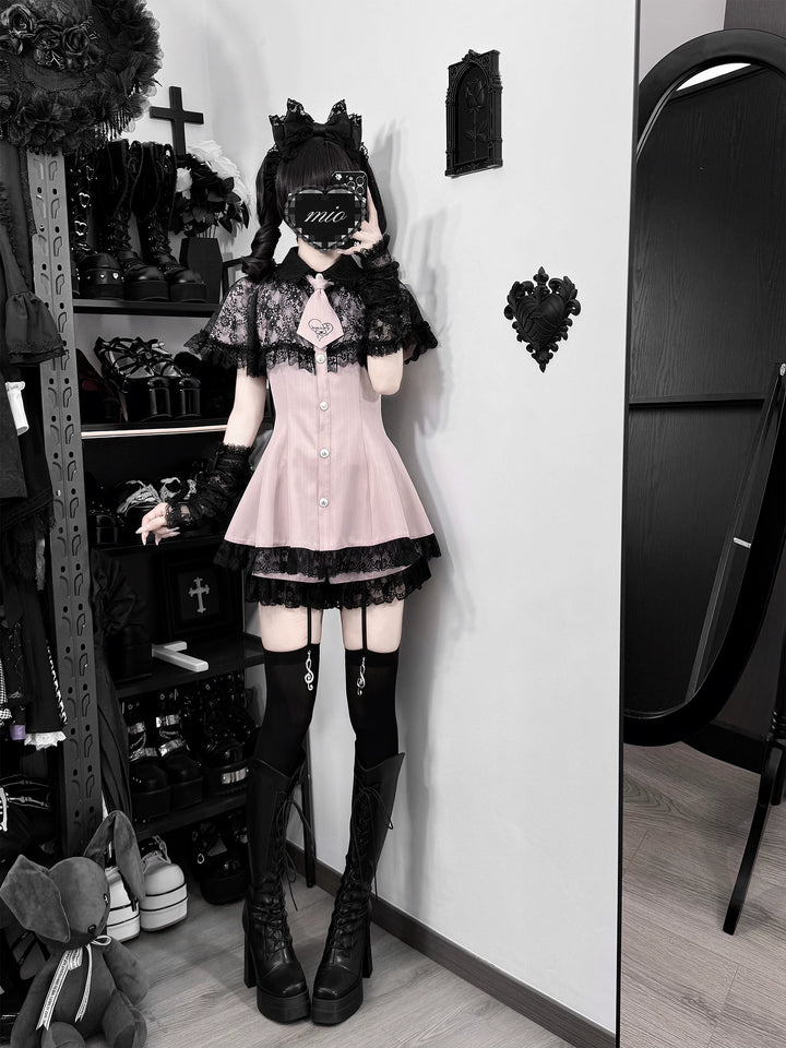 Pink Ryousangata Striped Dress, Lace Neckline and Hem 45453:854915