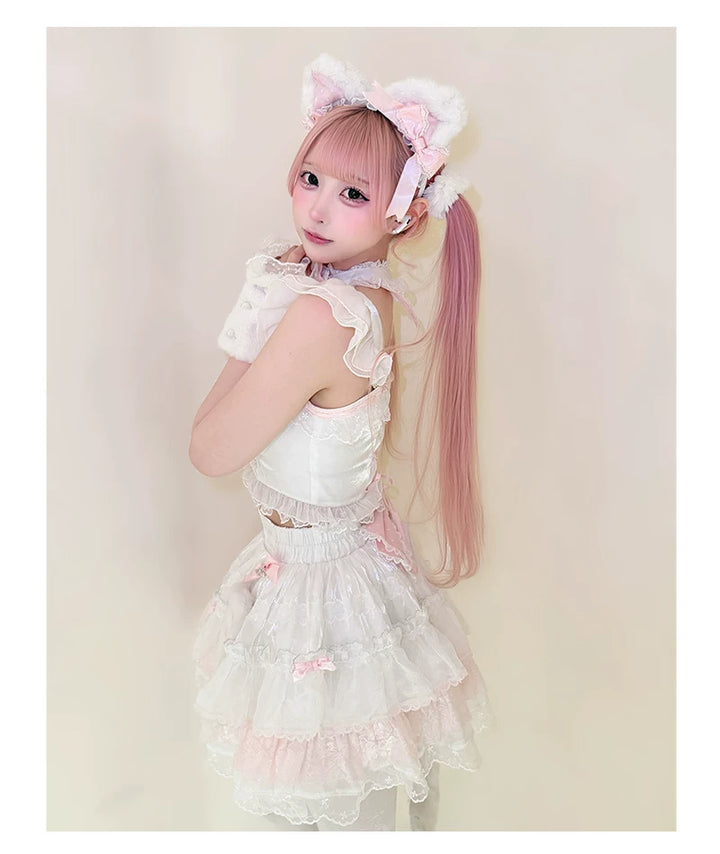 Kawaii Lolita Tiered Skirt Set, Cat Ears & Polka Dot Bow 44958:837107
