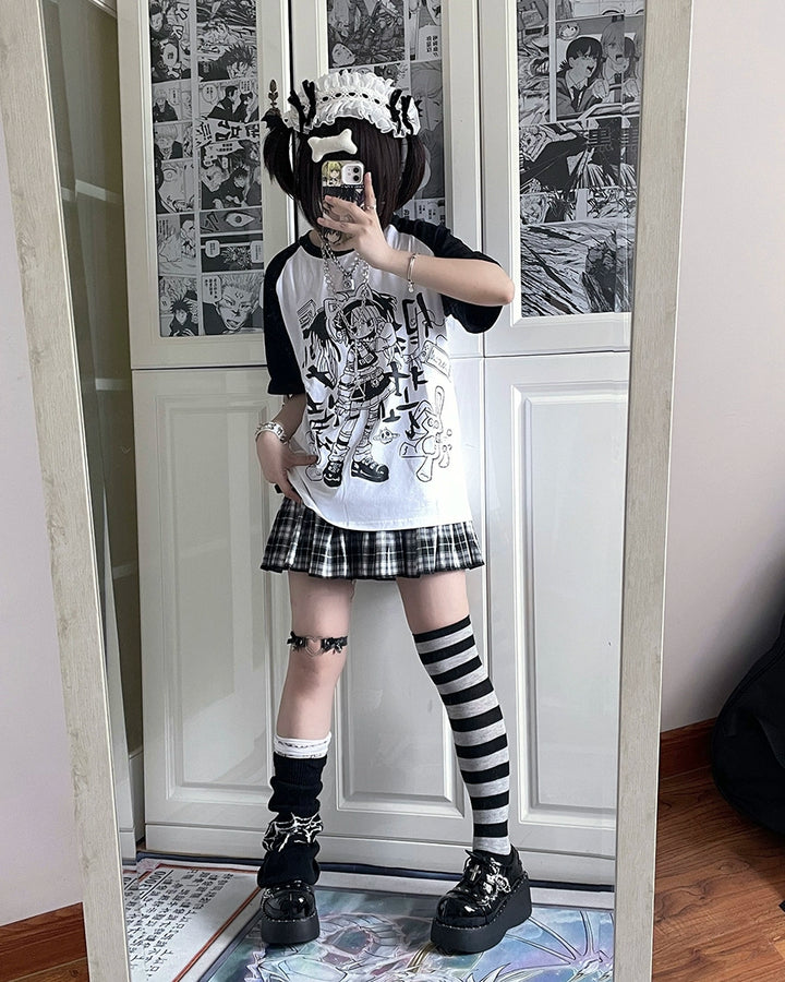 Subculture Shirt Black White Raglan Sleeve T-shirt Anime Top 37742:579324