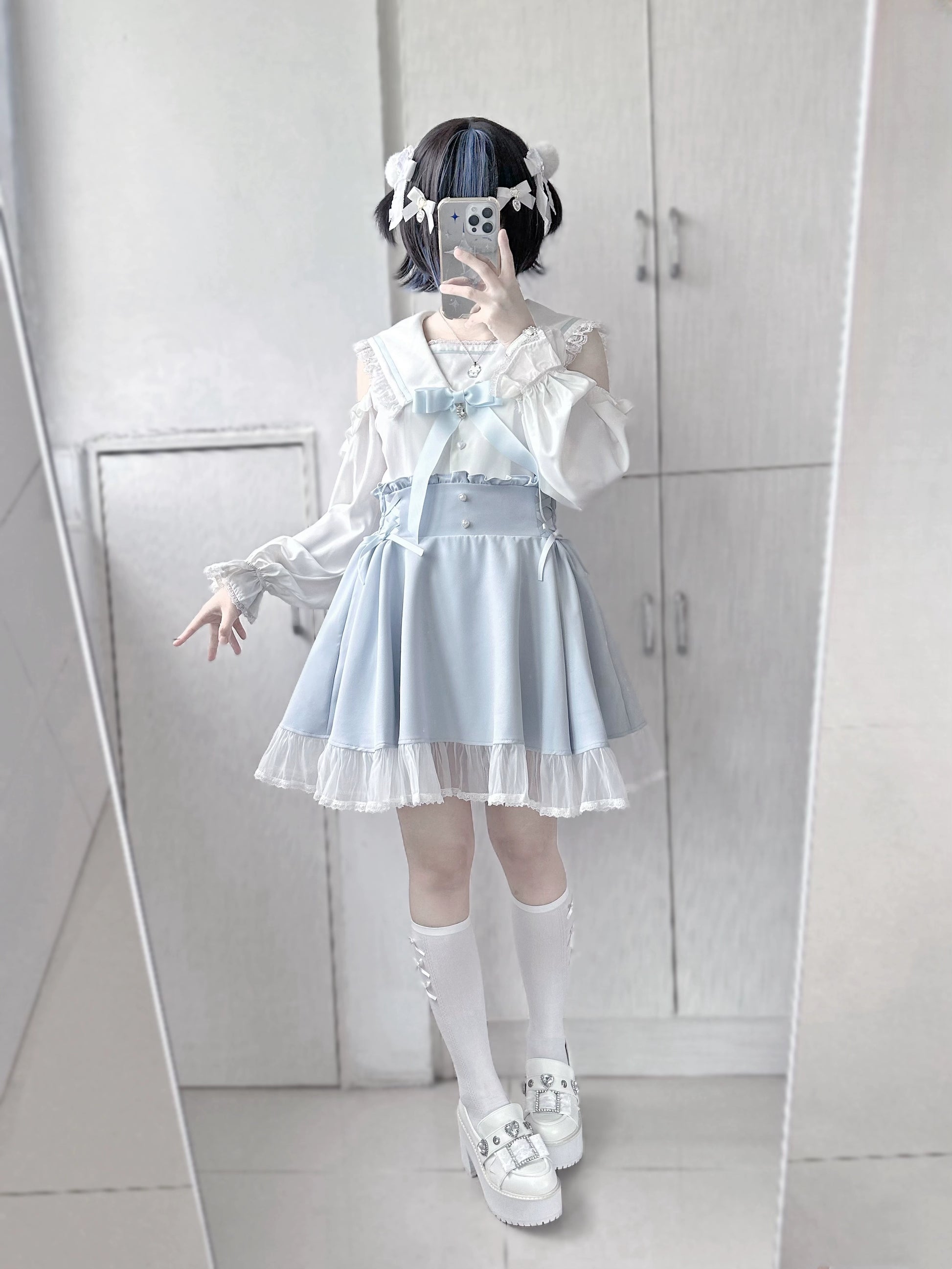 Jirai Kei Skirt Sweet Pink Blue Skirt With Flounce Hem 35800:504096