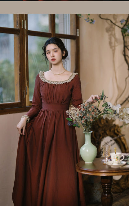 Mori Kei Dress Classical Oil Painting Dress Rust Red Dress 36348:544672