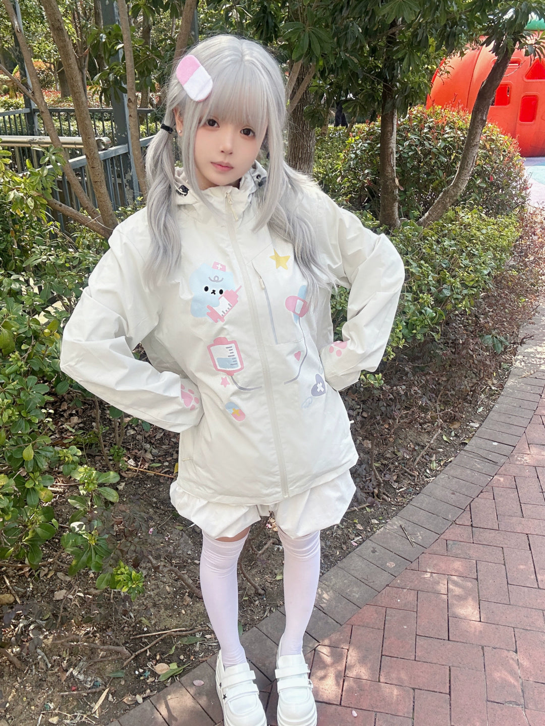 Kawaii Medical Coat Cat Print Coat Beige Hooded Top 38058:579264