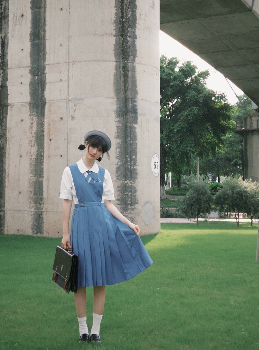 Gay-Blue Knee-Length JK Uniform, Detachable Vest 43446:778479