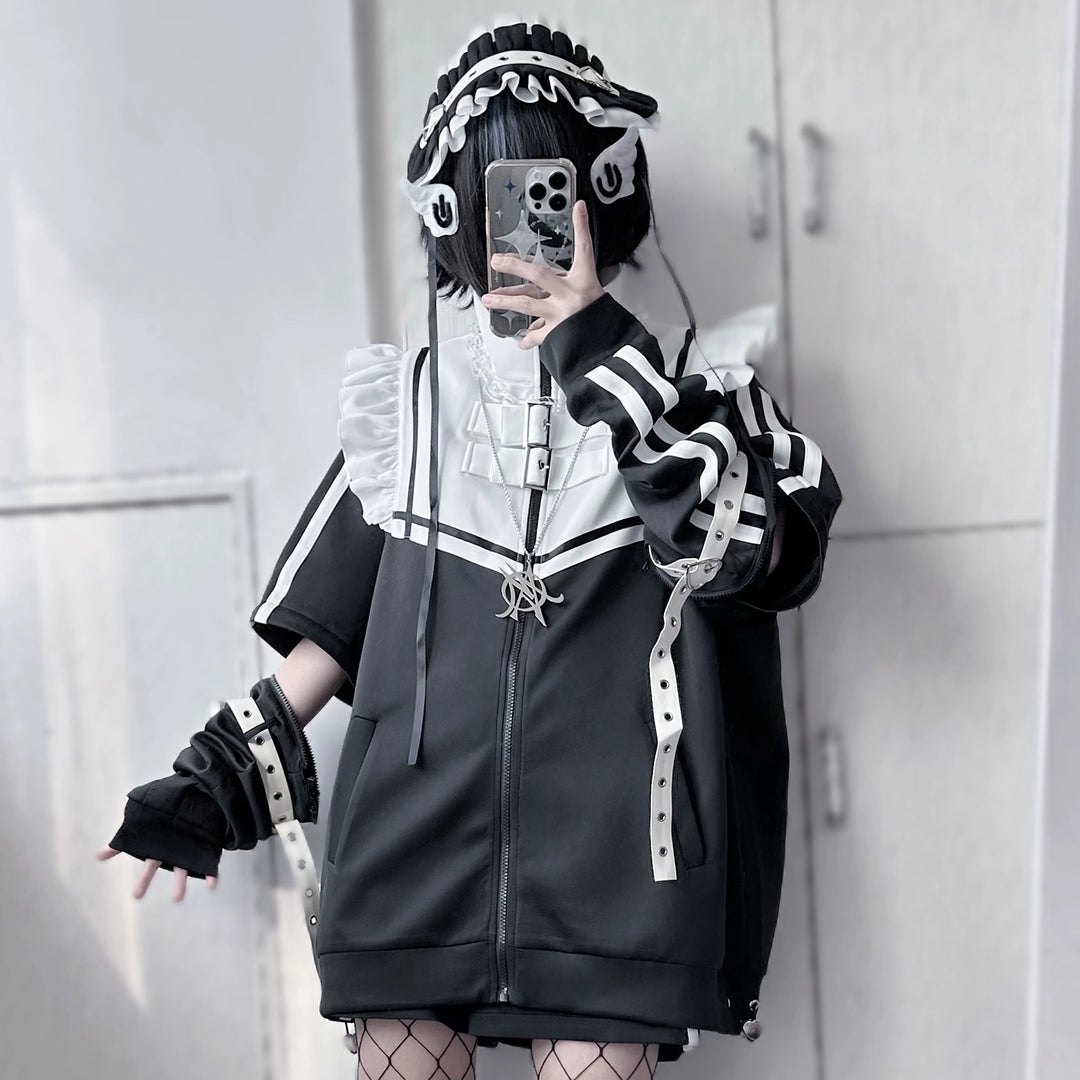 Jirai Kei Outfits Set Gray Black Jacket And Shorts Set 35728:502694